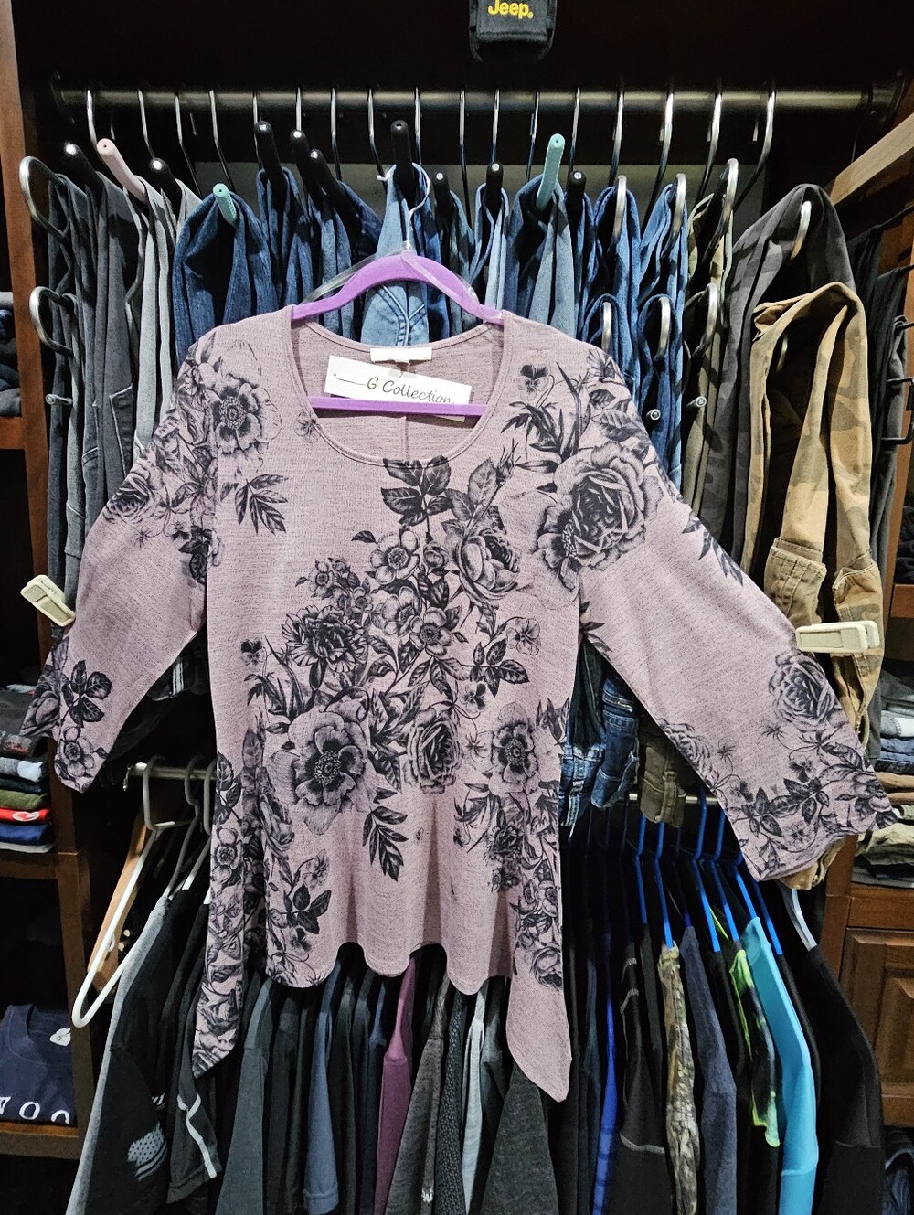 NWT G Collection Pink Mauve Floral Asymmetrical High Low Hem Top 3/4 Sleeve